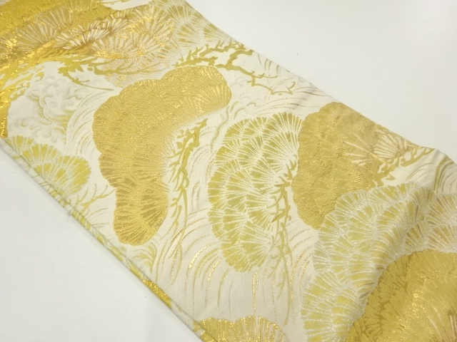 JAPANESE KIMONO / ANTIQUE MARU OBI / WOVEN RAGING WAVES & PINE